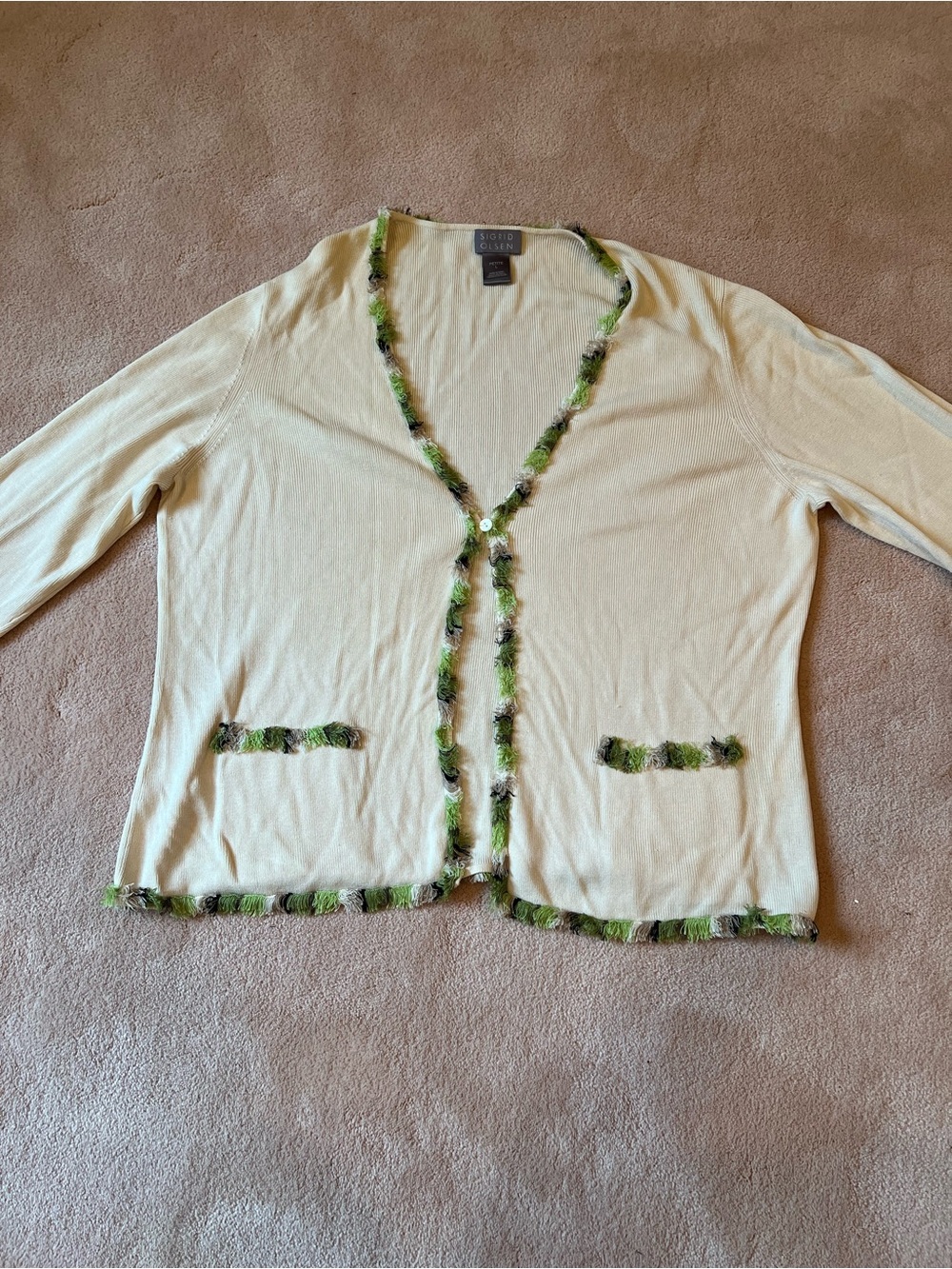 Sigrid Olsen Women's Cream Cardigan with Green Trim (single button) (Petite L)